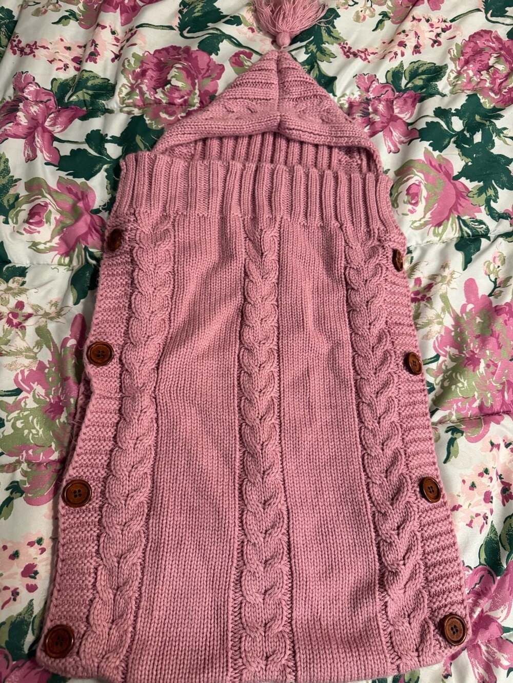 Pink Cable Knit Hooded Baby Swaddle Sleeping Bag with Tassel and Buttons